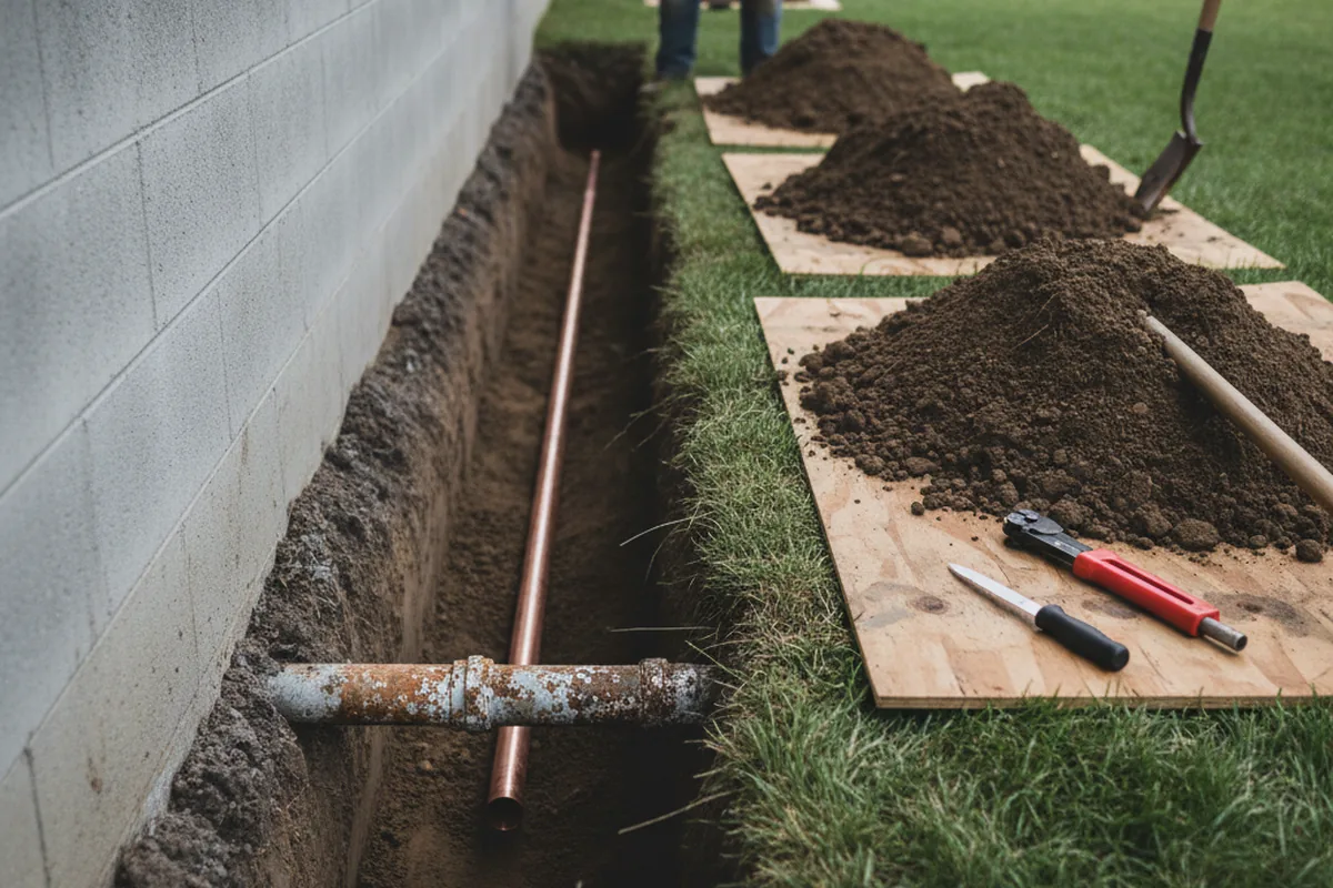 Excavated water line trench during Water Softener Installation in Winkelman